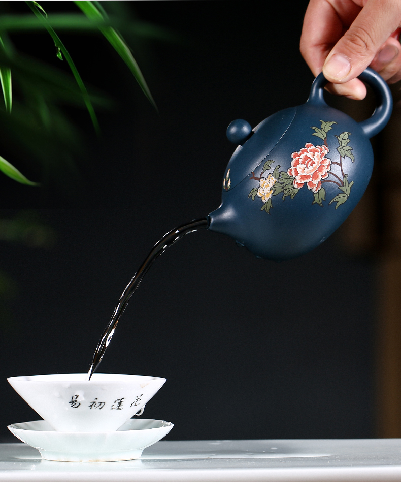 純手工紫砂壺，小巧琺瑯印花紫砂壺