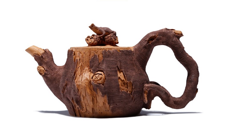 仿木外皮紫砂壺，創(chuàng)意木樁手工雕刻紫砂壺